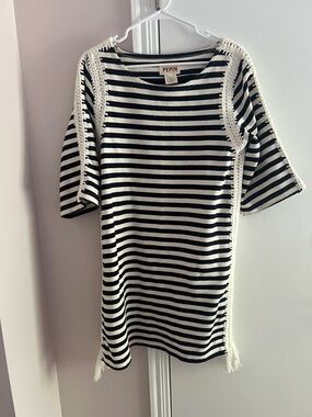 Pepin Black and White Striped Crochet-Trim Tee dress